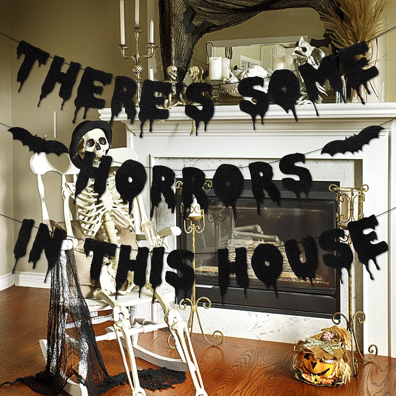 Theres Some Horrors In This House Halloween Banner Black Glitter
