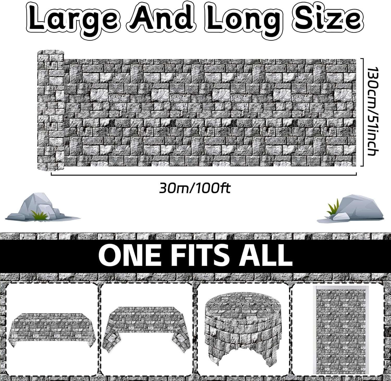 100FT x 51 Inch Medieval Themed Stone Wall Tablecloth Roll