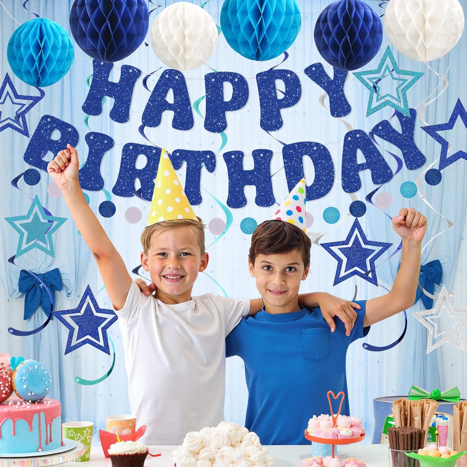 Glitter Blue Birthday Banner with Honeycomb Balls and Stars Streamers