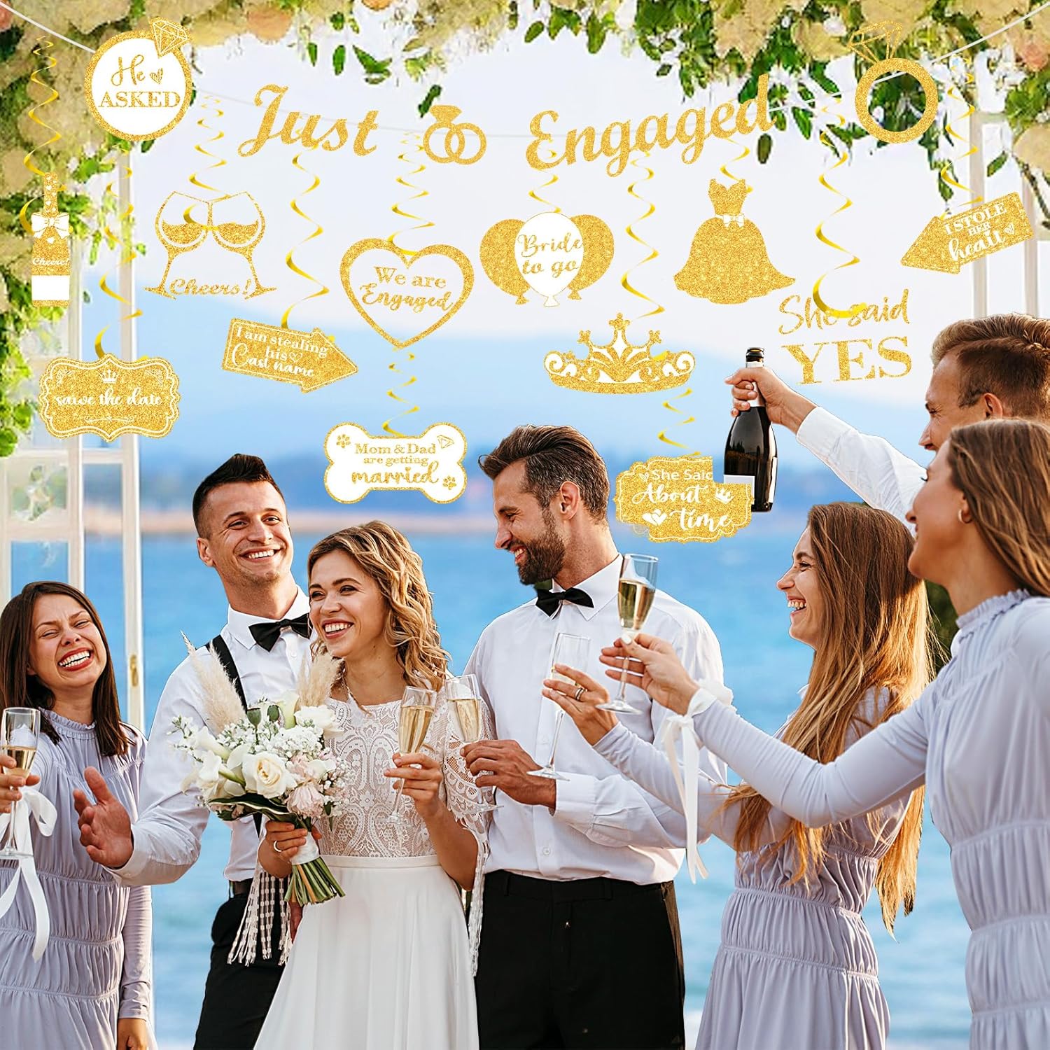 White Gold Engagement Party Decorations Banner with Hanging Swirls