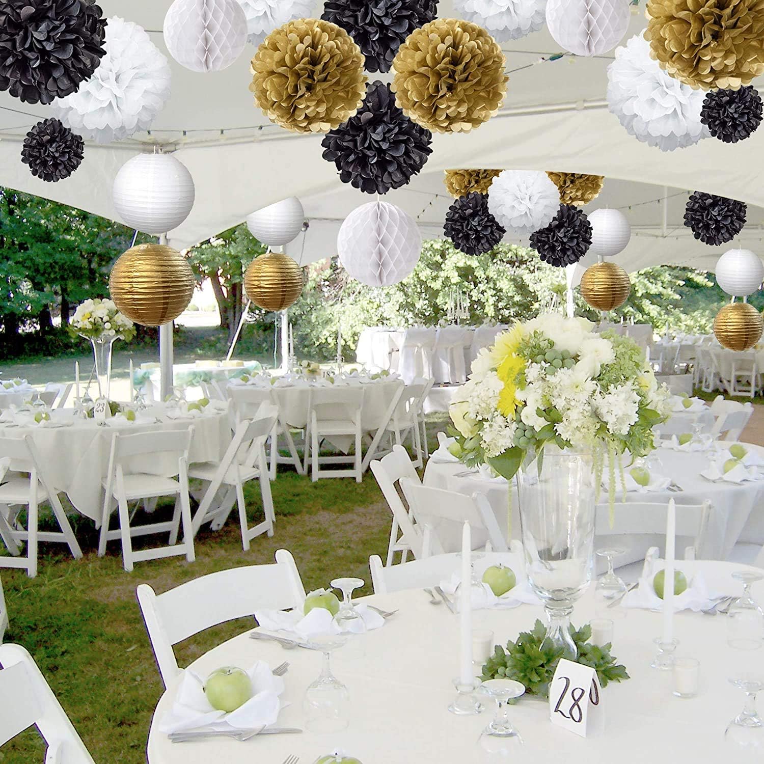 18 Pcs Black Gold White Tissue Pom Poms Decorations