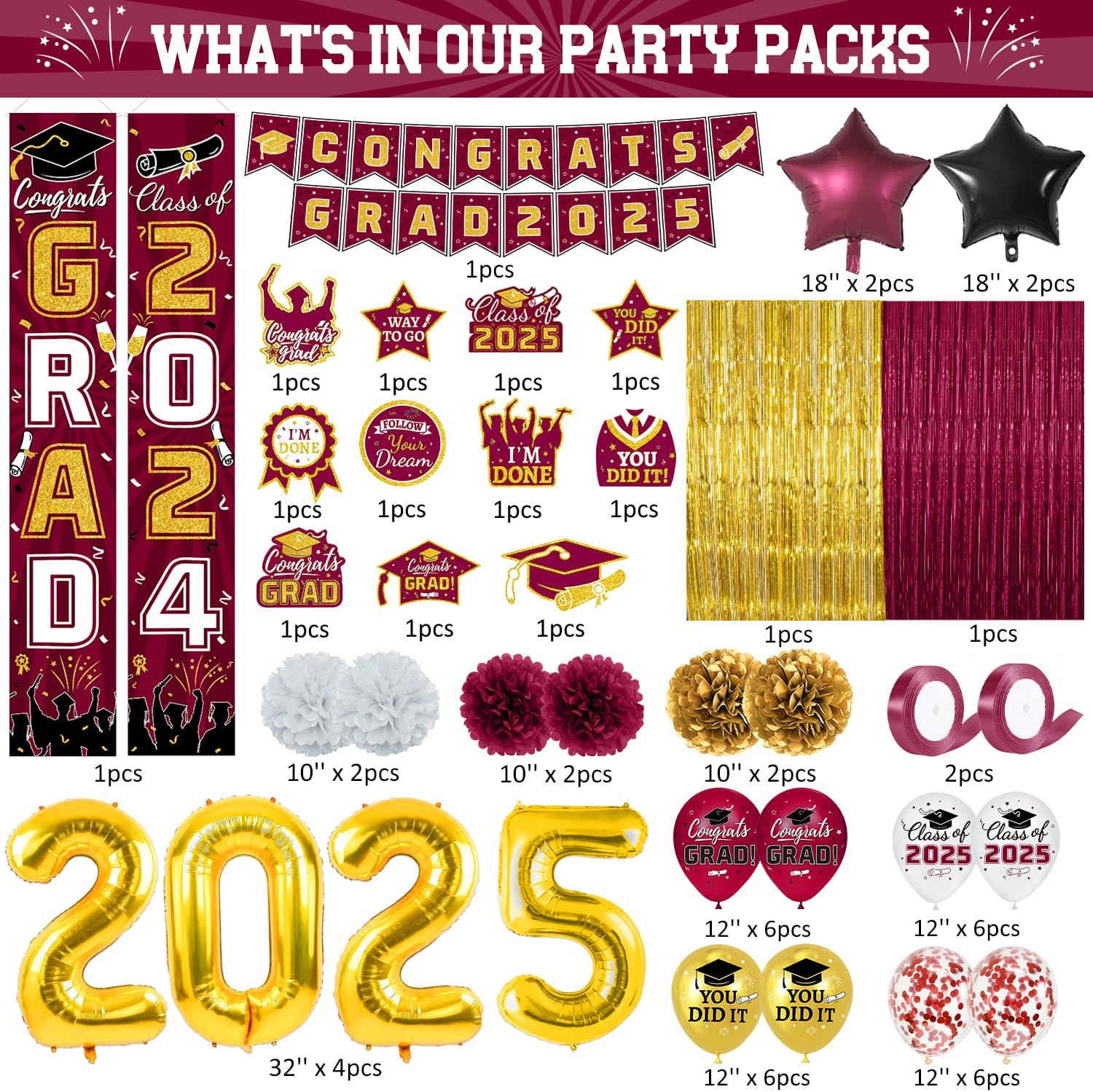 2025 Graduation Party Decorations Maroon Gold Set