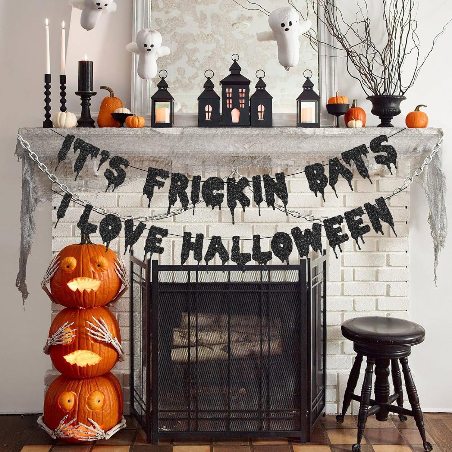 Yisquar Black Glitter Bats Halloween Party Banner