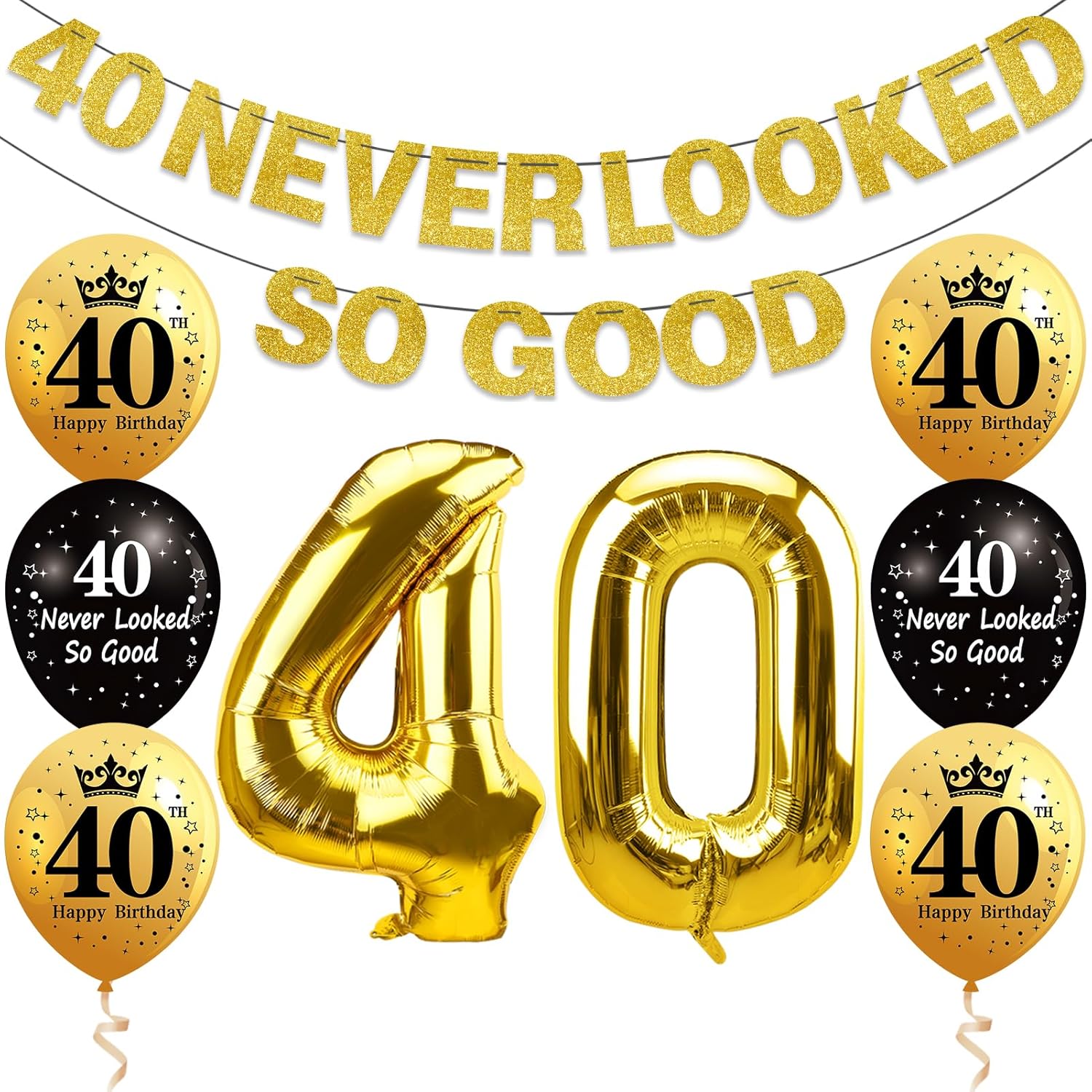 40th Birthday Decorations Kit Black Gold Banner and Foil Balloons