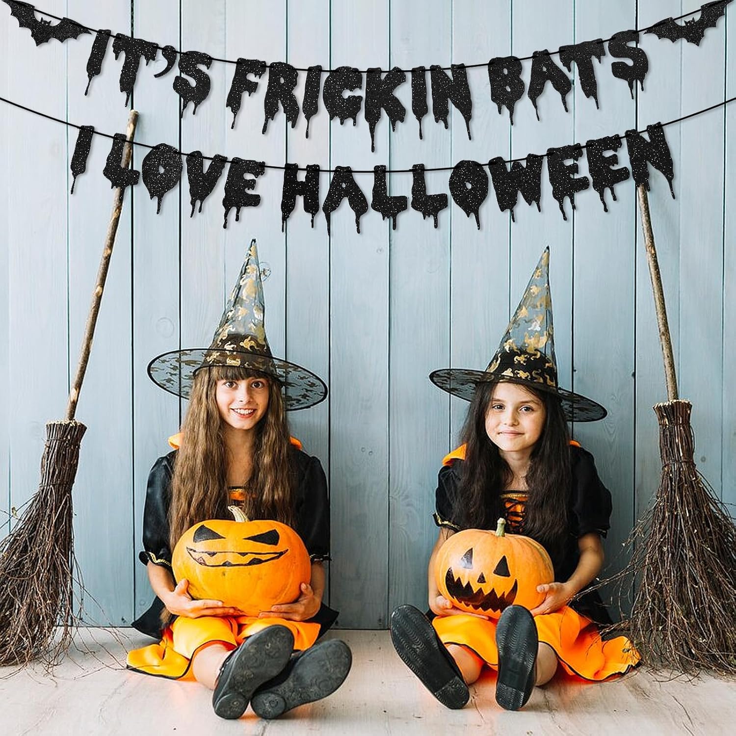 Black Glitter Bats Halloween Banner - Hanging Decor