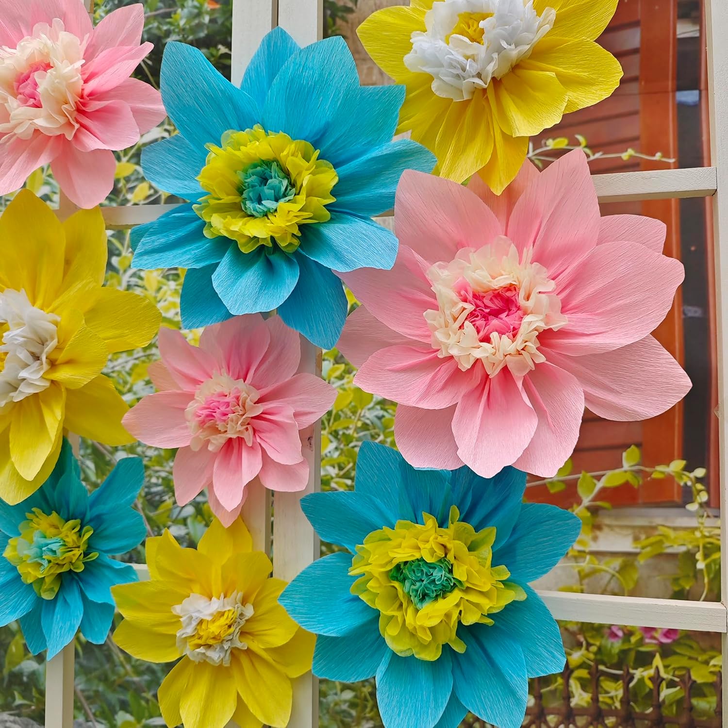 Mybbshower Crepe Paper Flowers Pack of 9 Pink Yellow Blue