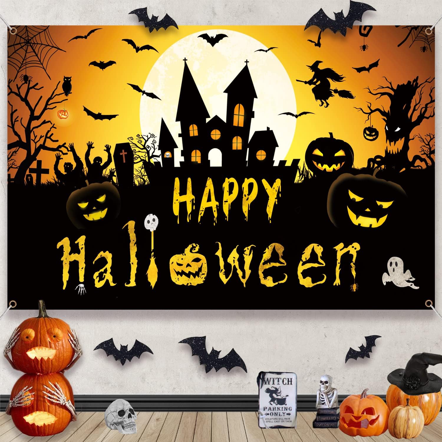 Happy Halloween Banner - Witch Pumpkin Bats Indoor Decor