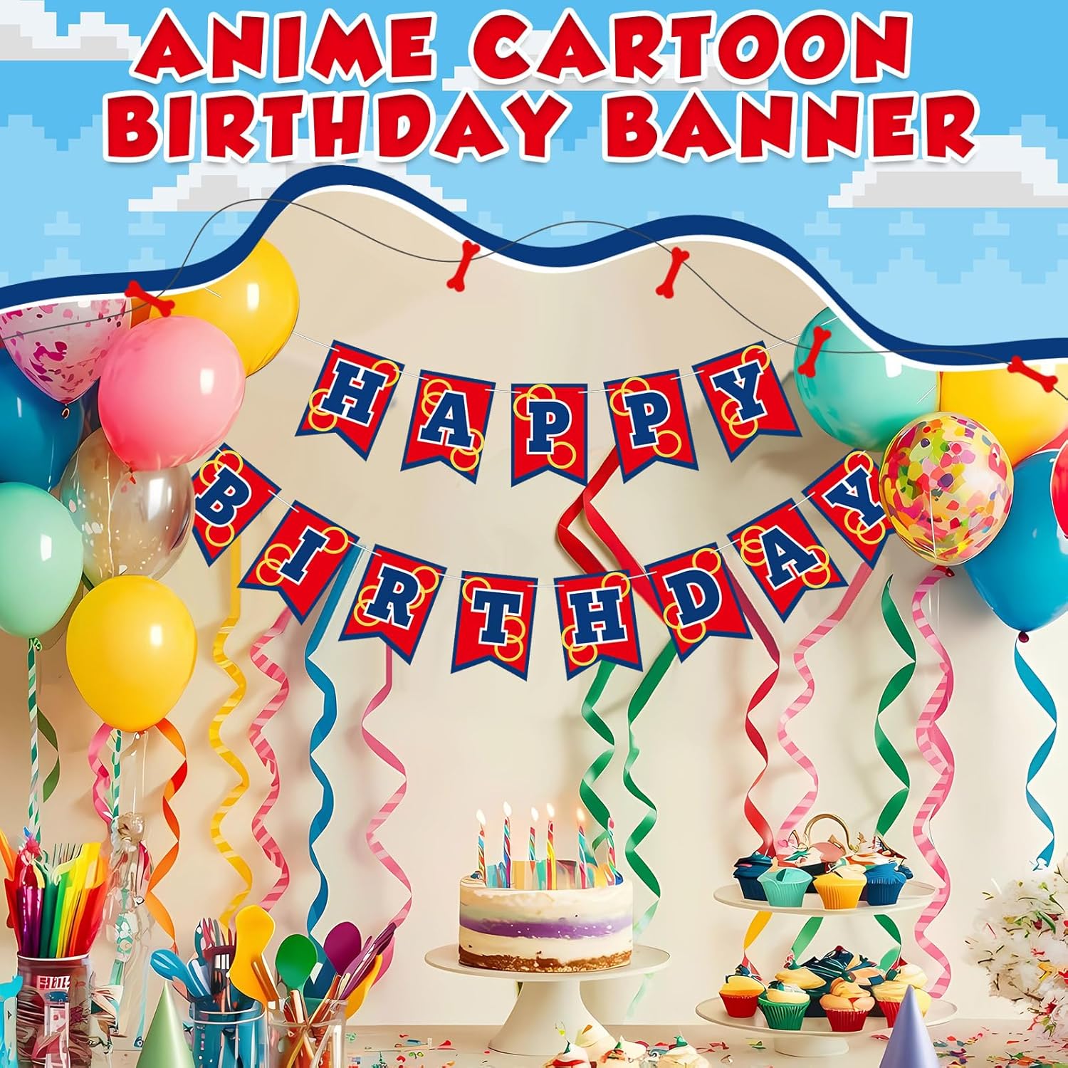 Red Blue and Golden Rings Birthday Banner