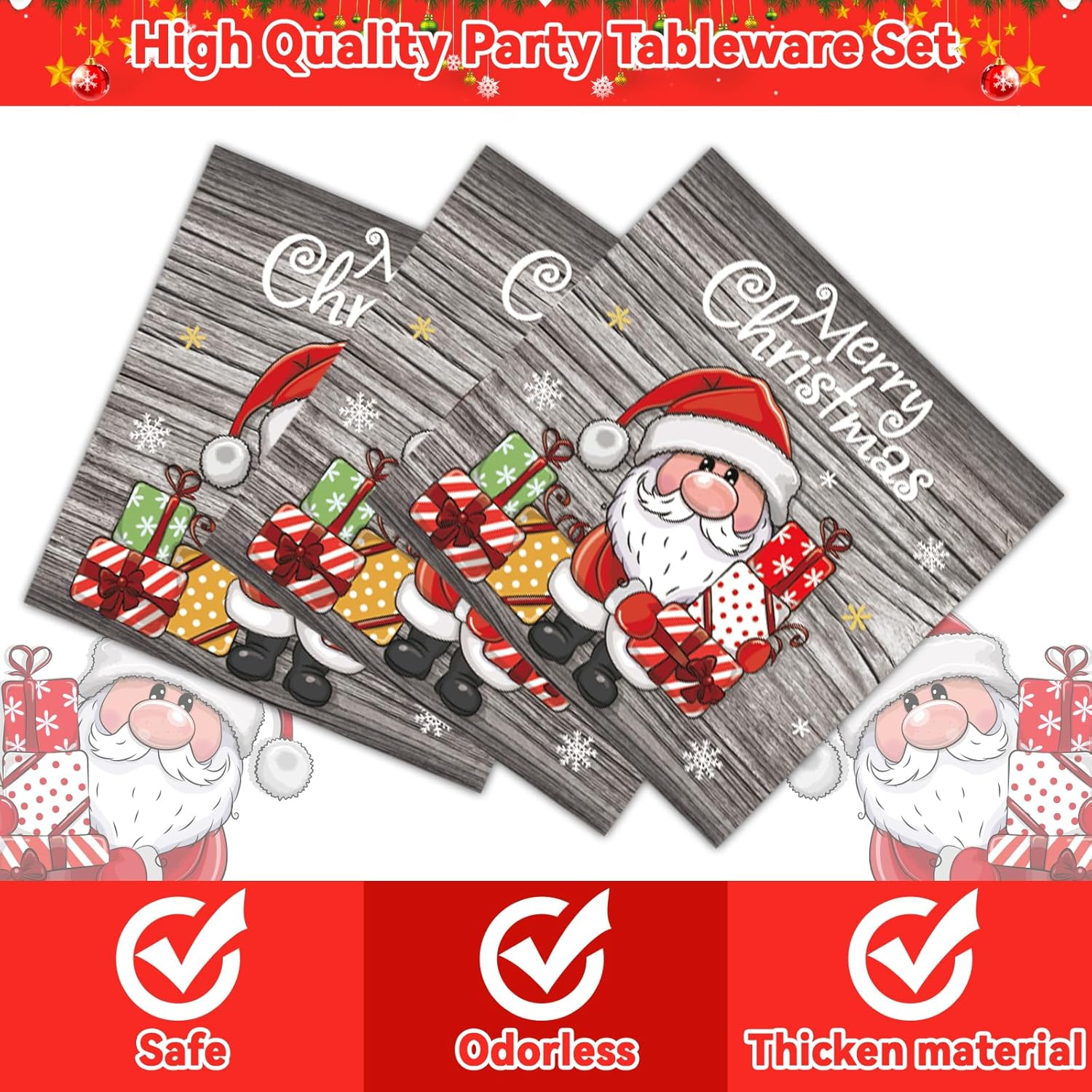 96 Piece Christmas Party Plates with Santa Decor