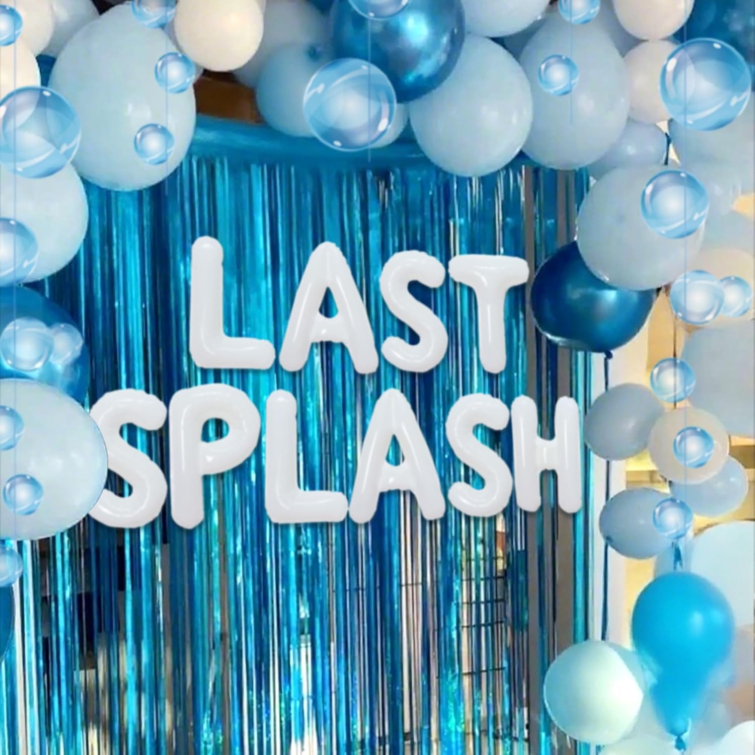 Last Splash Banner Balloons Blue White Coastal Bachelorette Decor