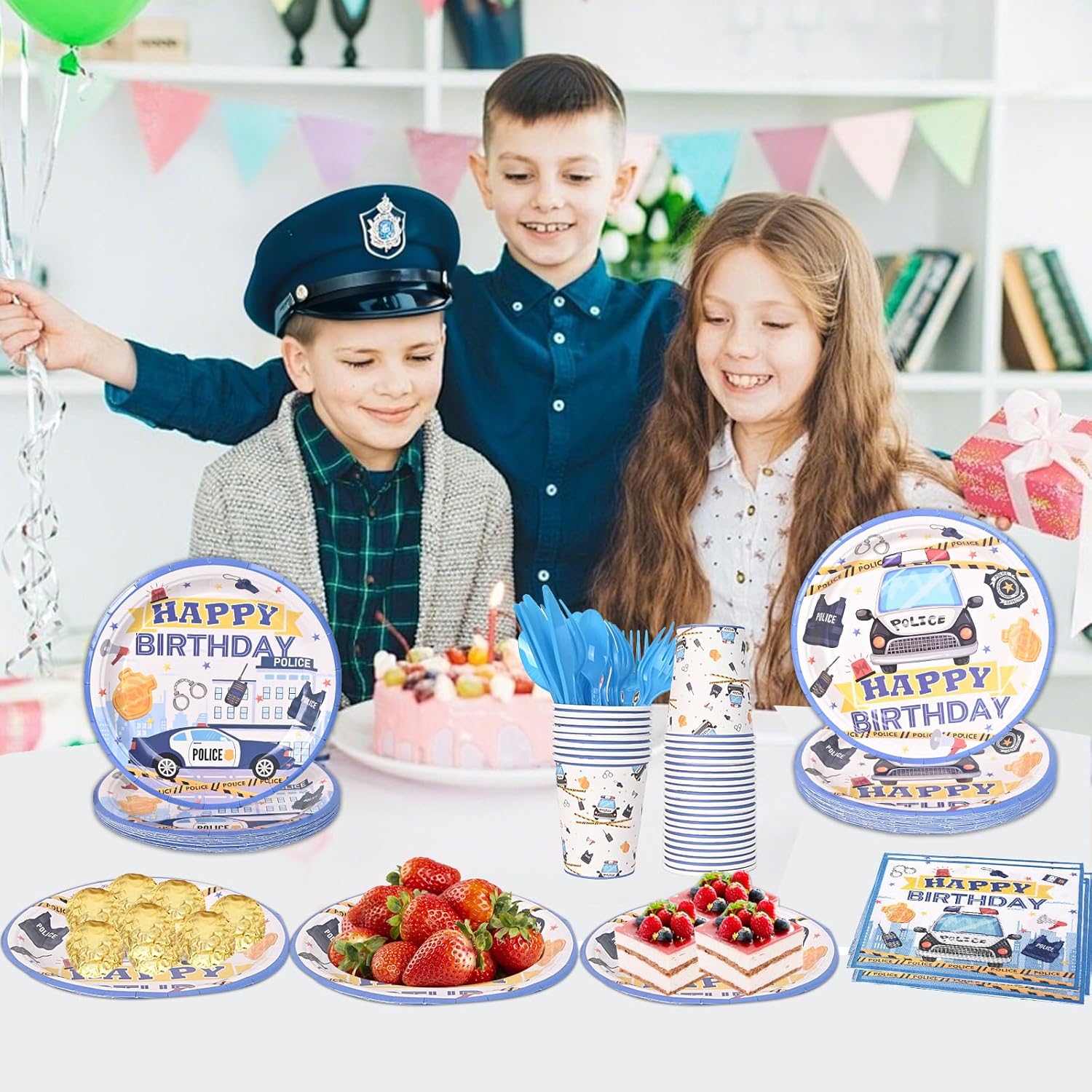 Police Birthday Tableware Set for Kids Blue and White Party Supplies