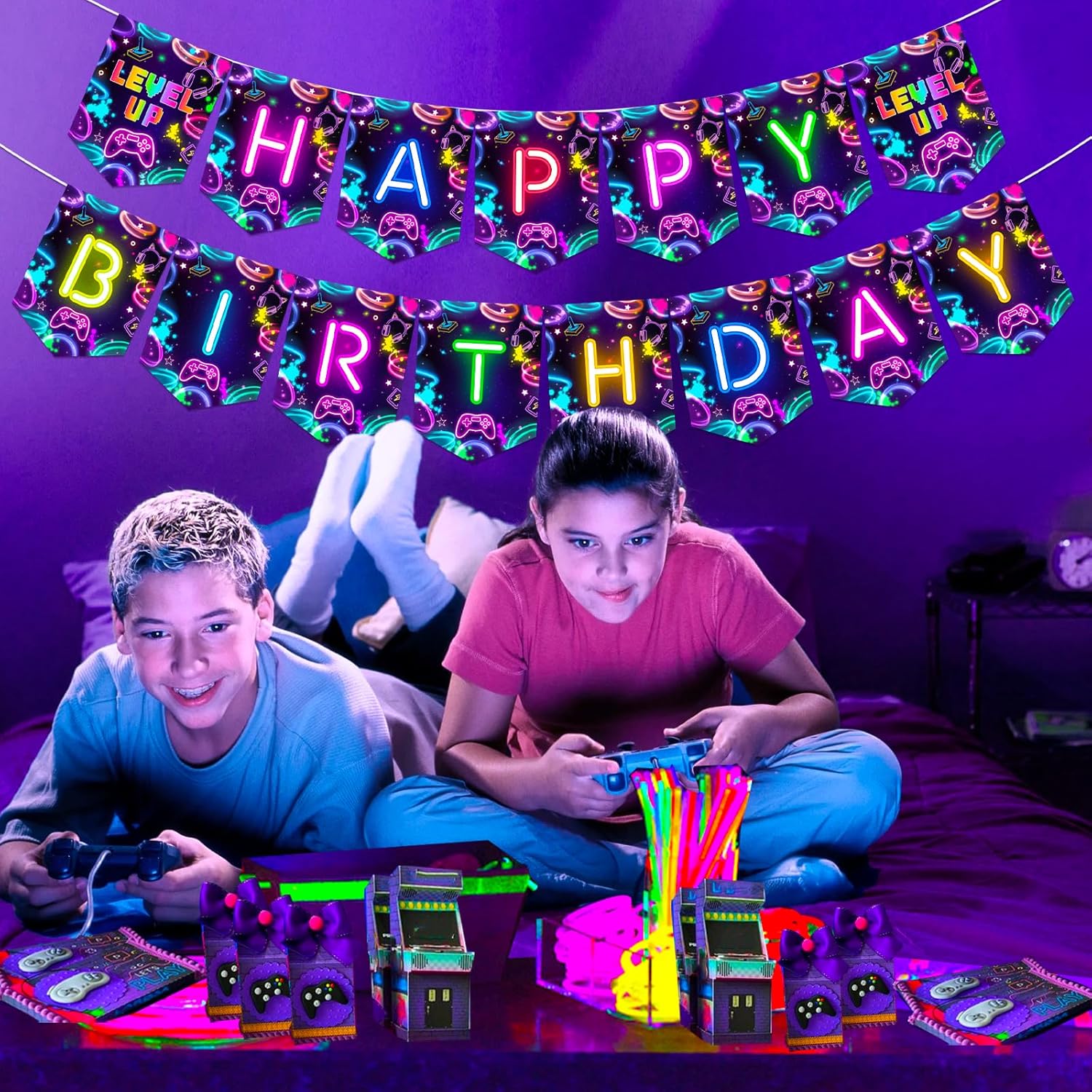 Neon Game Level Up Birthday Banner for Boys