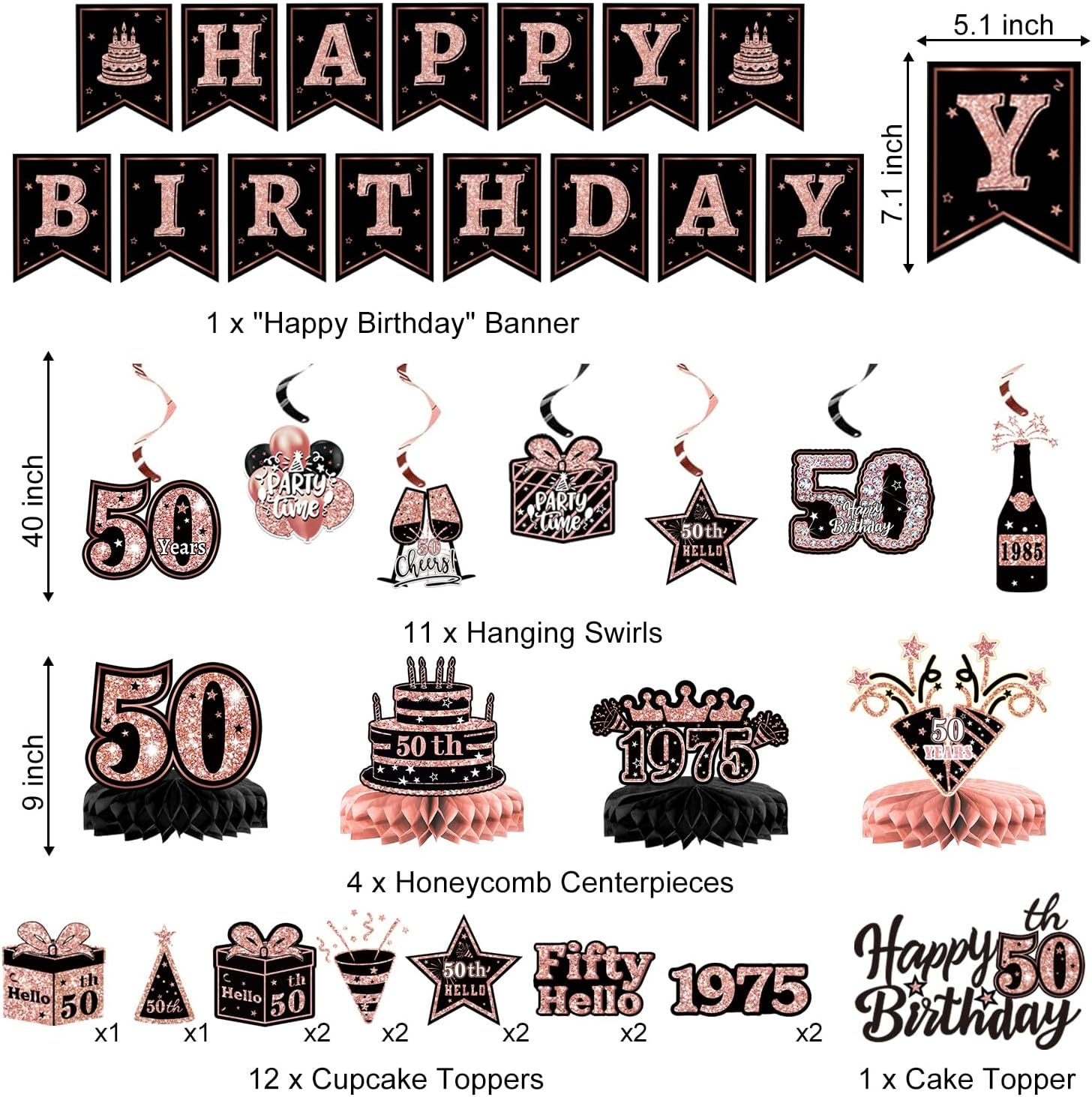 50th Birthday Decor Set 59 pcs Rose Gold Party Essentials
