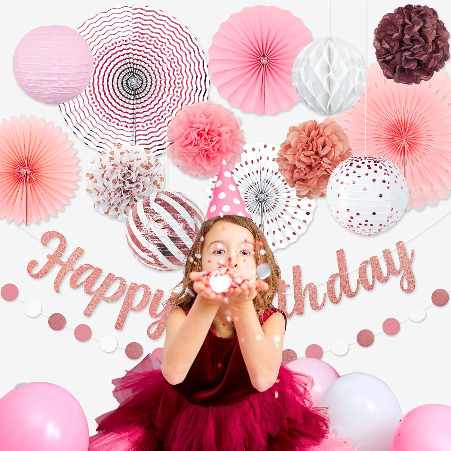 Pink White Rose Gold Birthday Party Decorations 21pcs