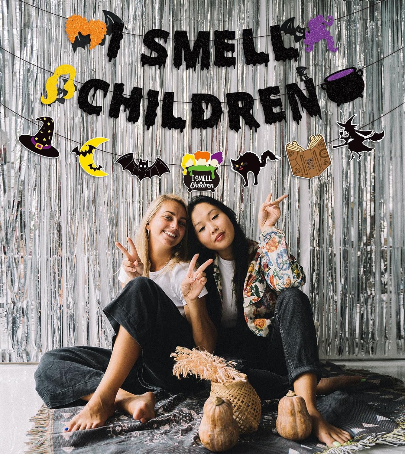 JOZON Black Glittery I Smell Children Halloween Banner