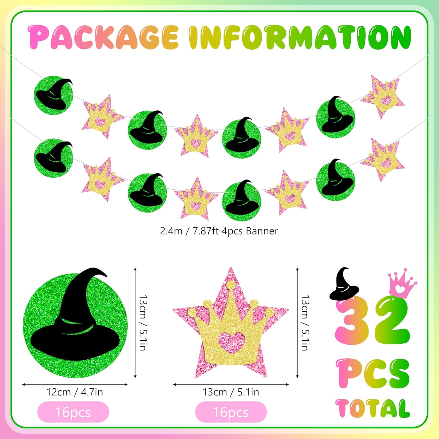4 Pcs Pink Green Witch Princess Garland Banner