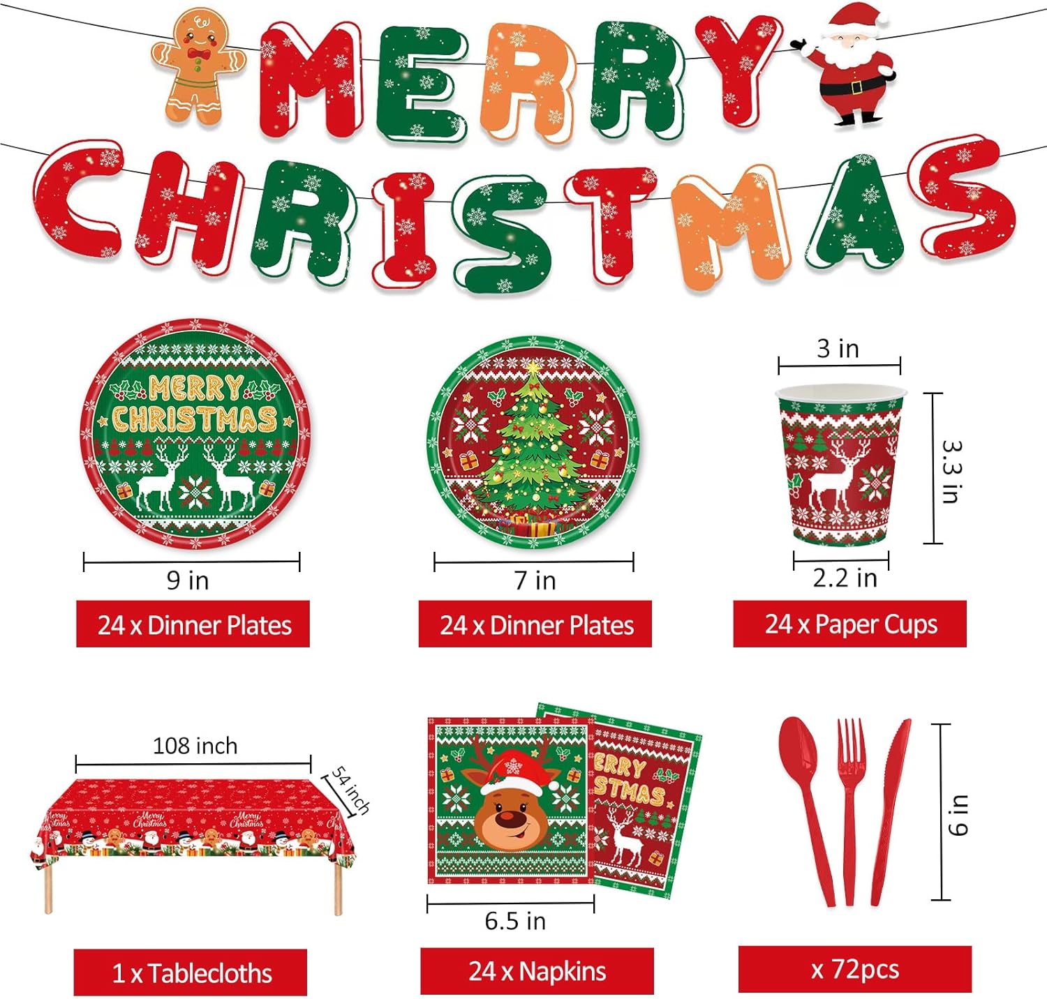 Christmas Party Plate Dinnerware Set for 24 Guests