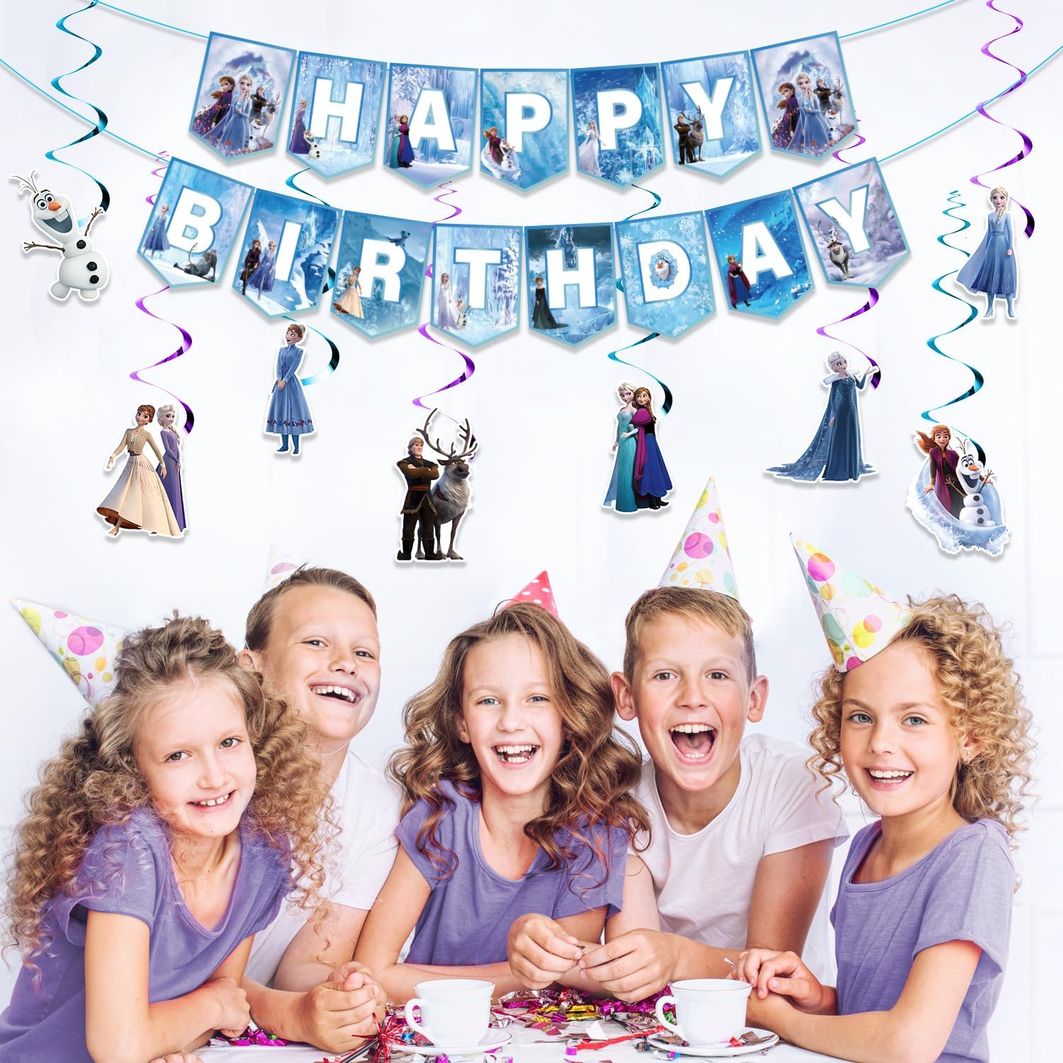 Cute Cartoon Birthday Decorations Banner and Swirls