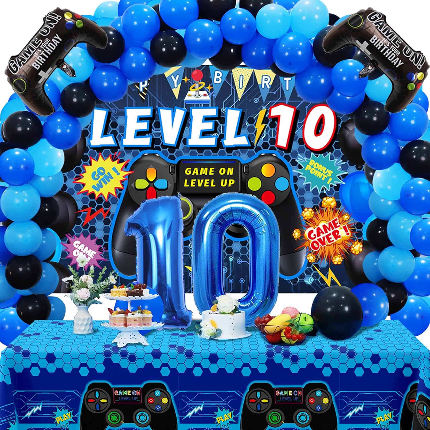 90PCS Blue 10th Birthday Video Game Decorations for Boys