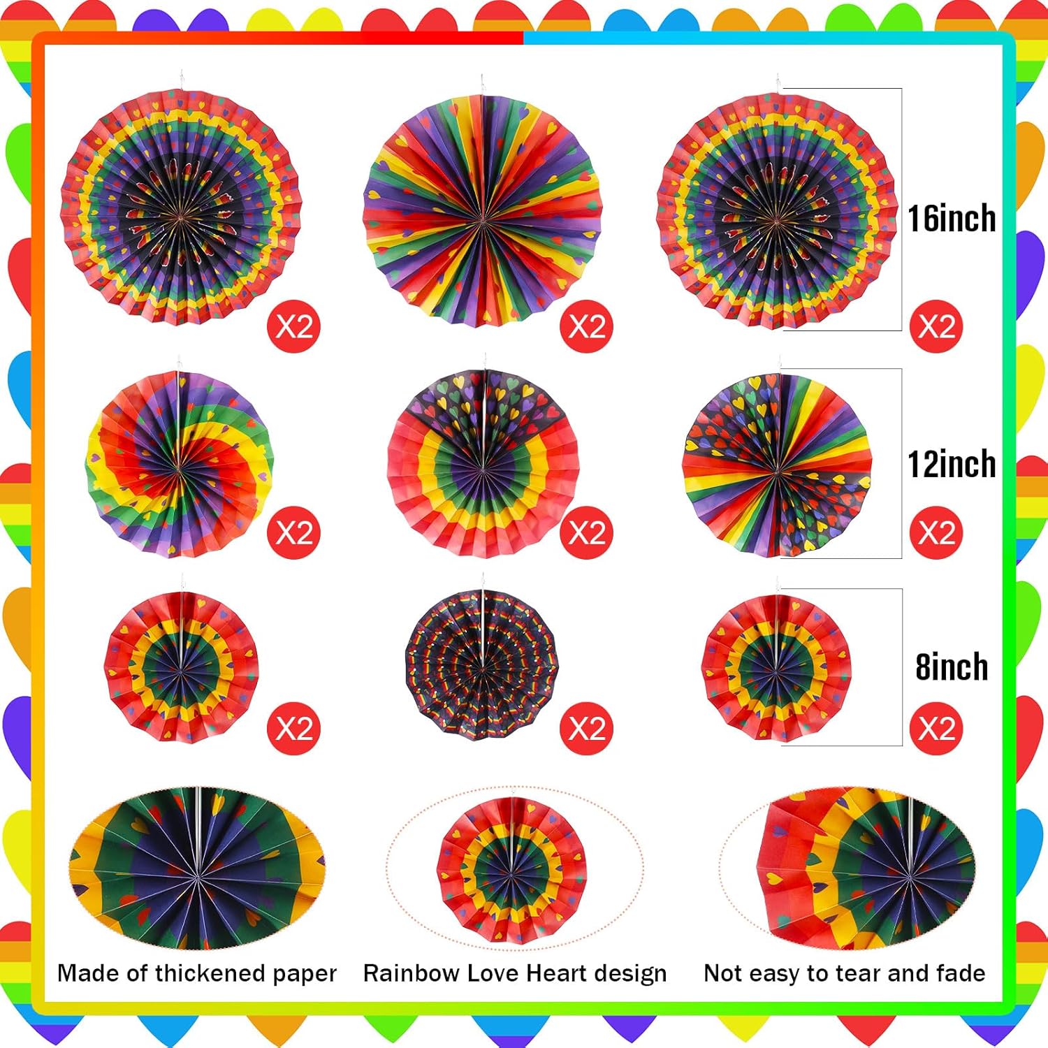 Outus 18 Pcs Rainbow Pride Hanging Fans Decorations