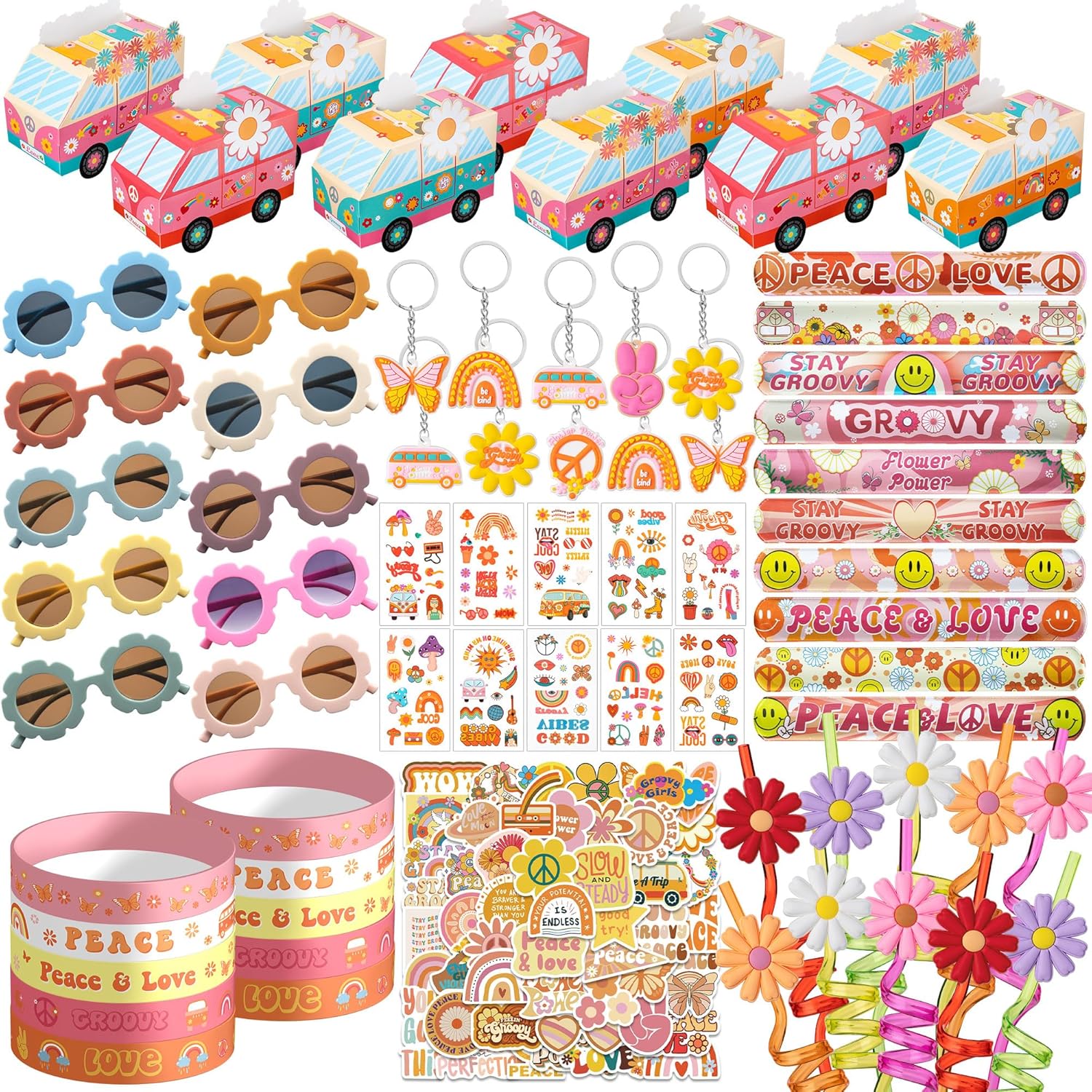 120PCS Groovy Party Favors Retro Flower Sunglasses Keychains Slap Bracelets