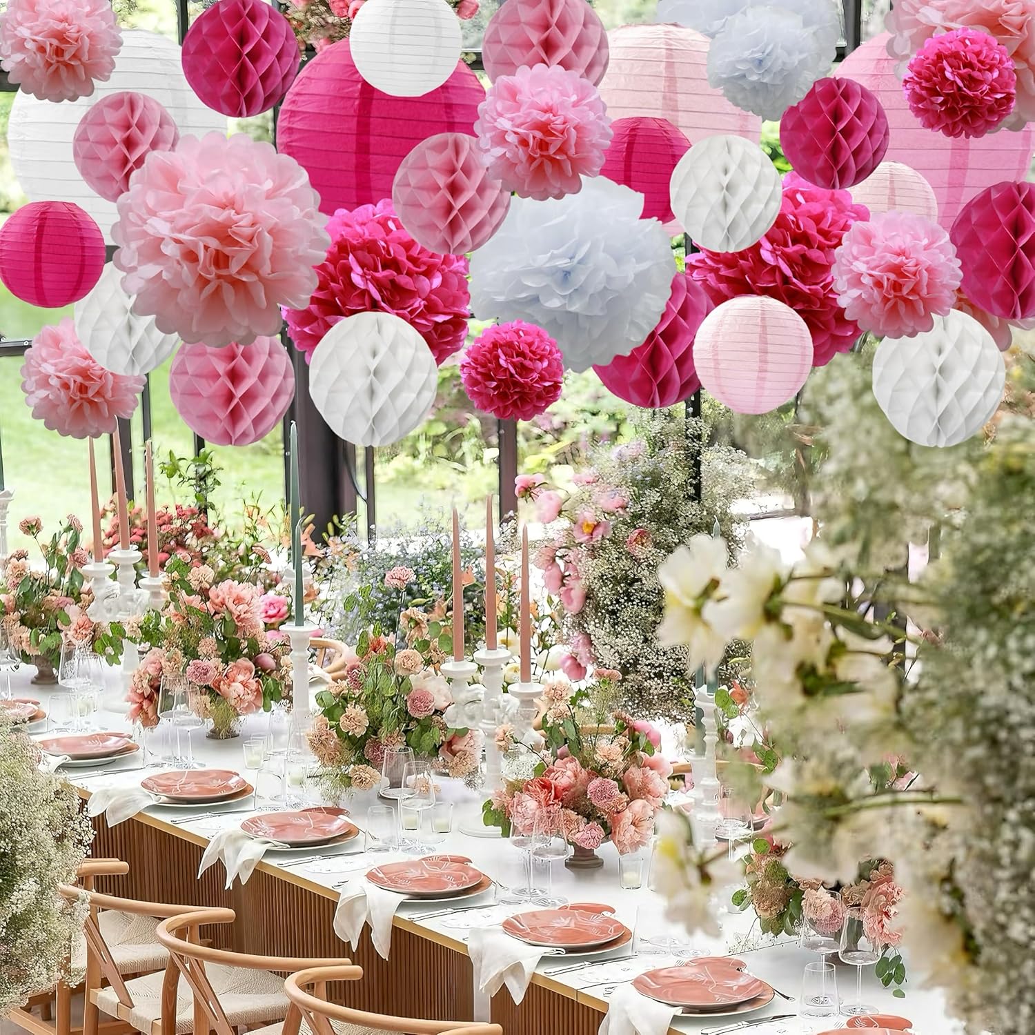 WOLHOWLTD Rosy Pink White Paper Decor Set 38 Pcs