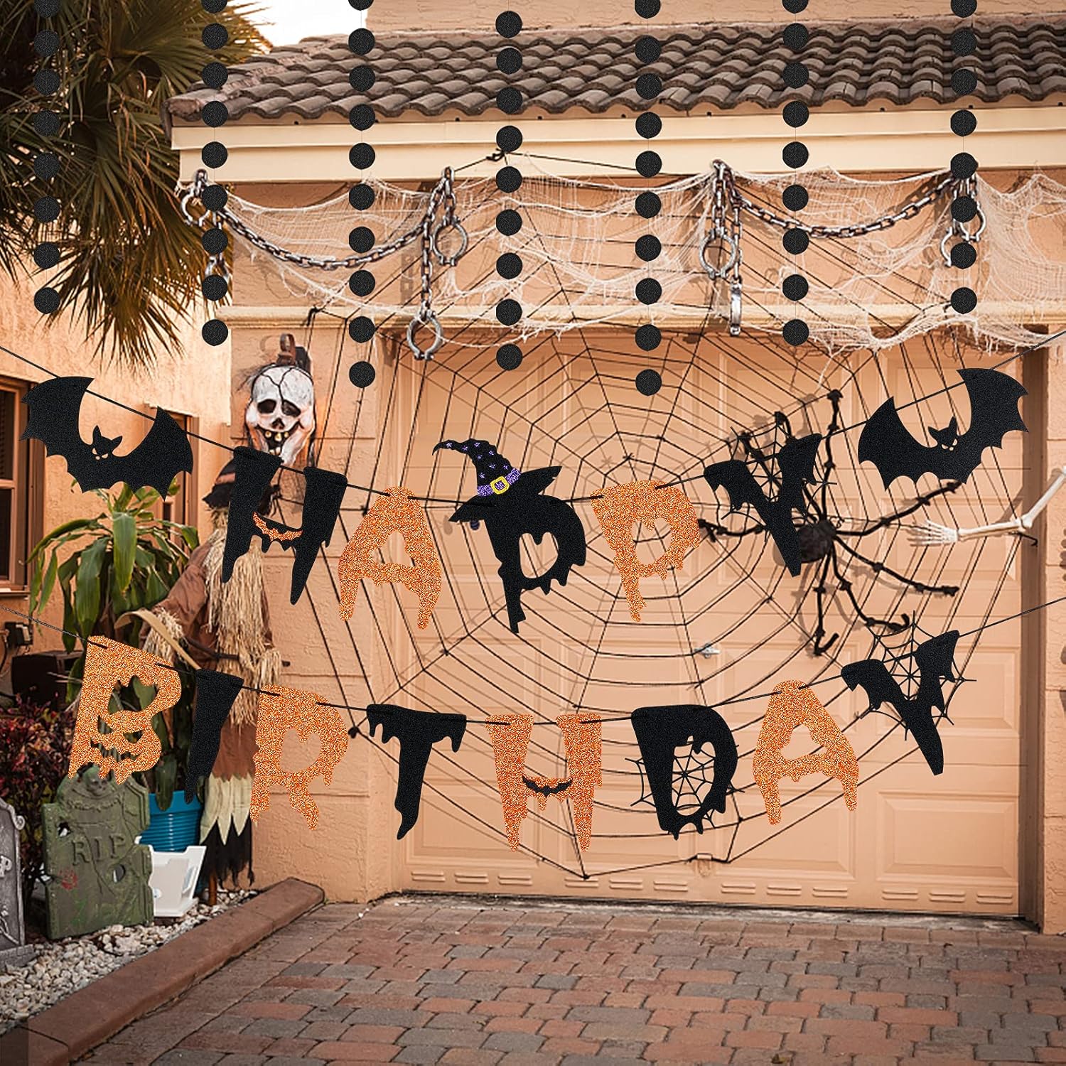 Halloween Witch Happy Birthday Banner - Orange Black Decor