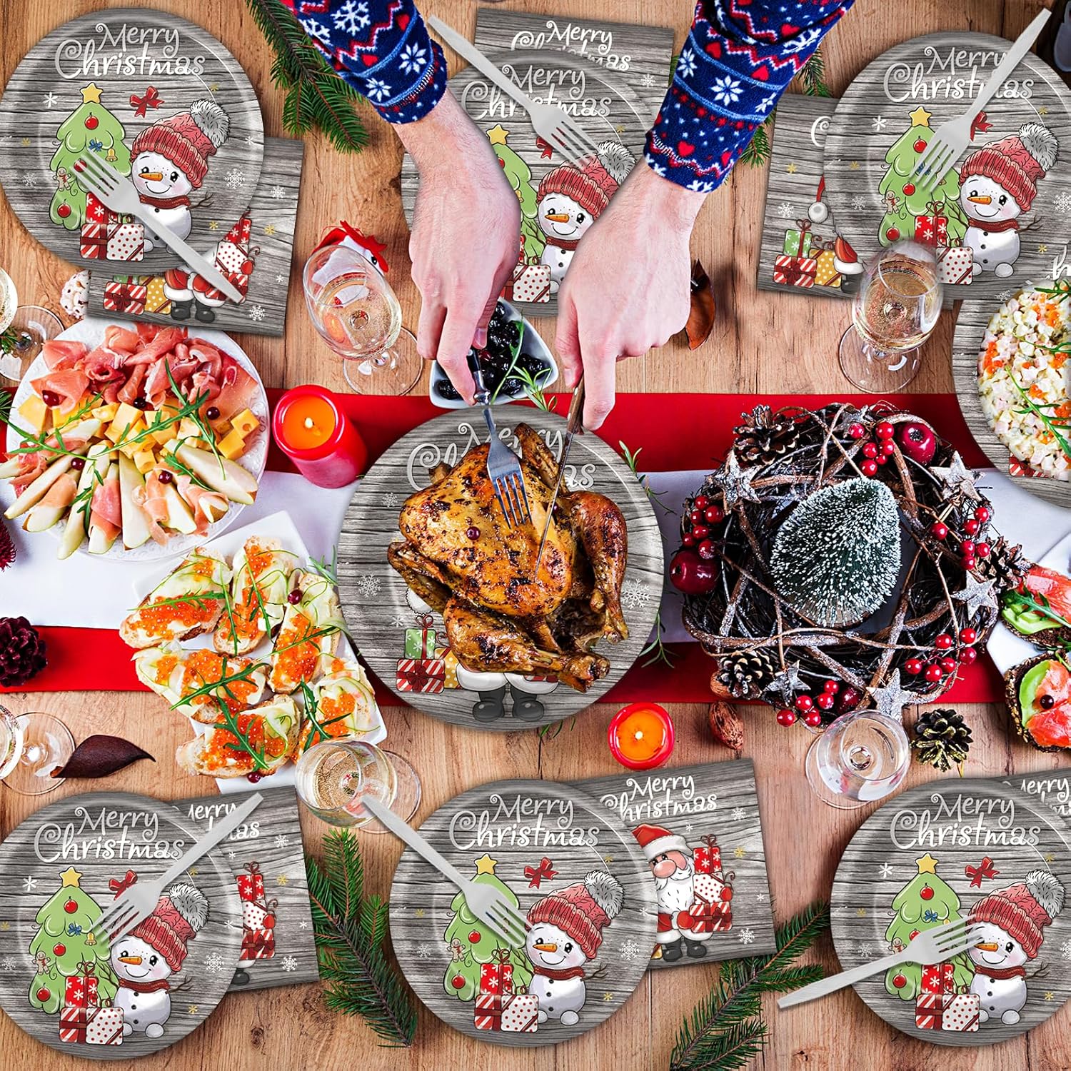 96 Piece Christmas Party Plates with Santa Decor