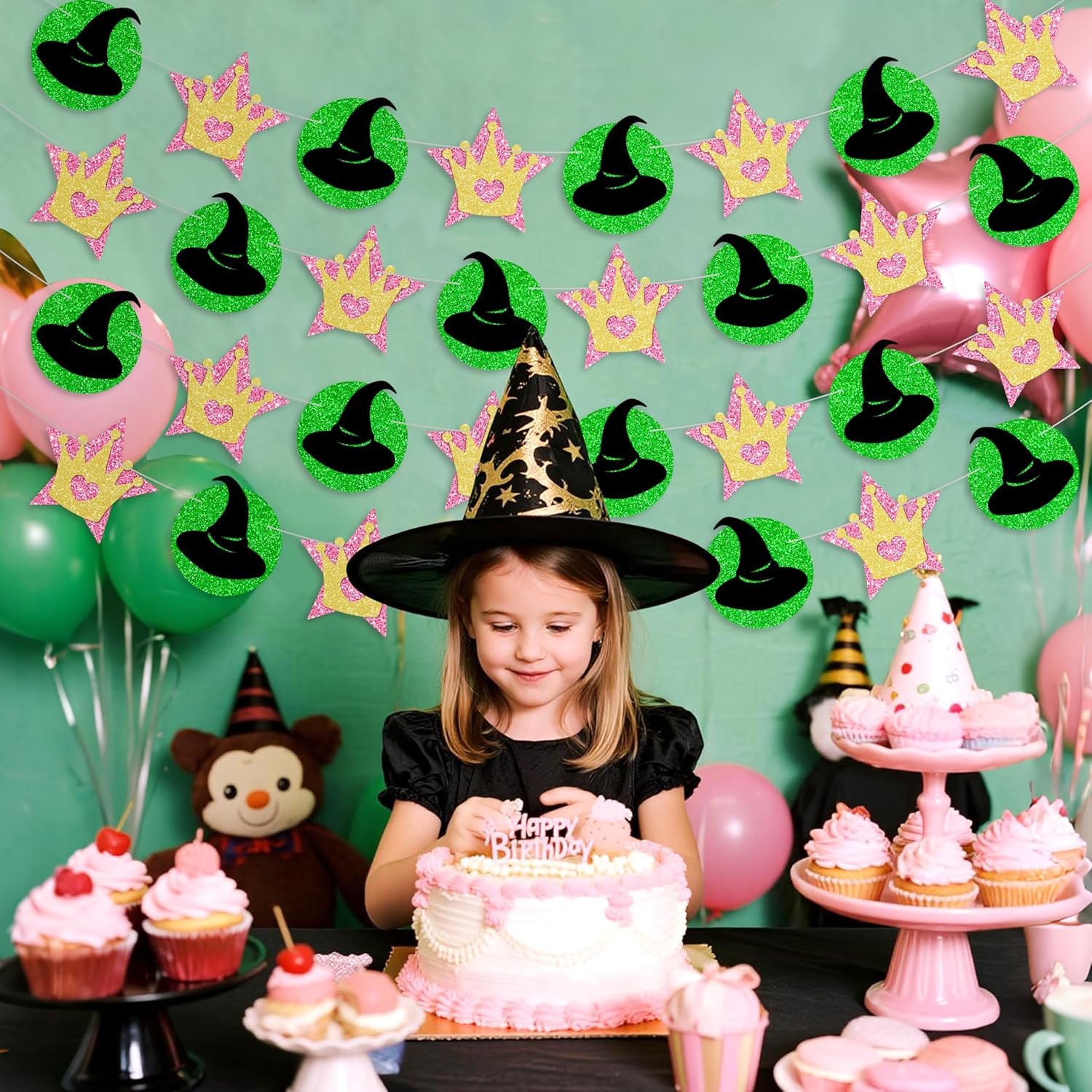 4 Pcs Pink Green Witch Princess Garland Banner