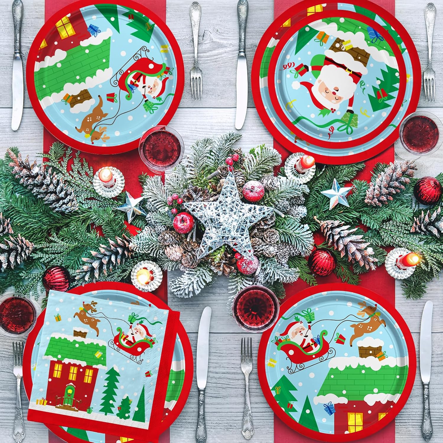 Christmas Party Supplies - 50pcs Santa Themed Plates Napkins