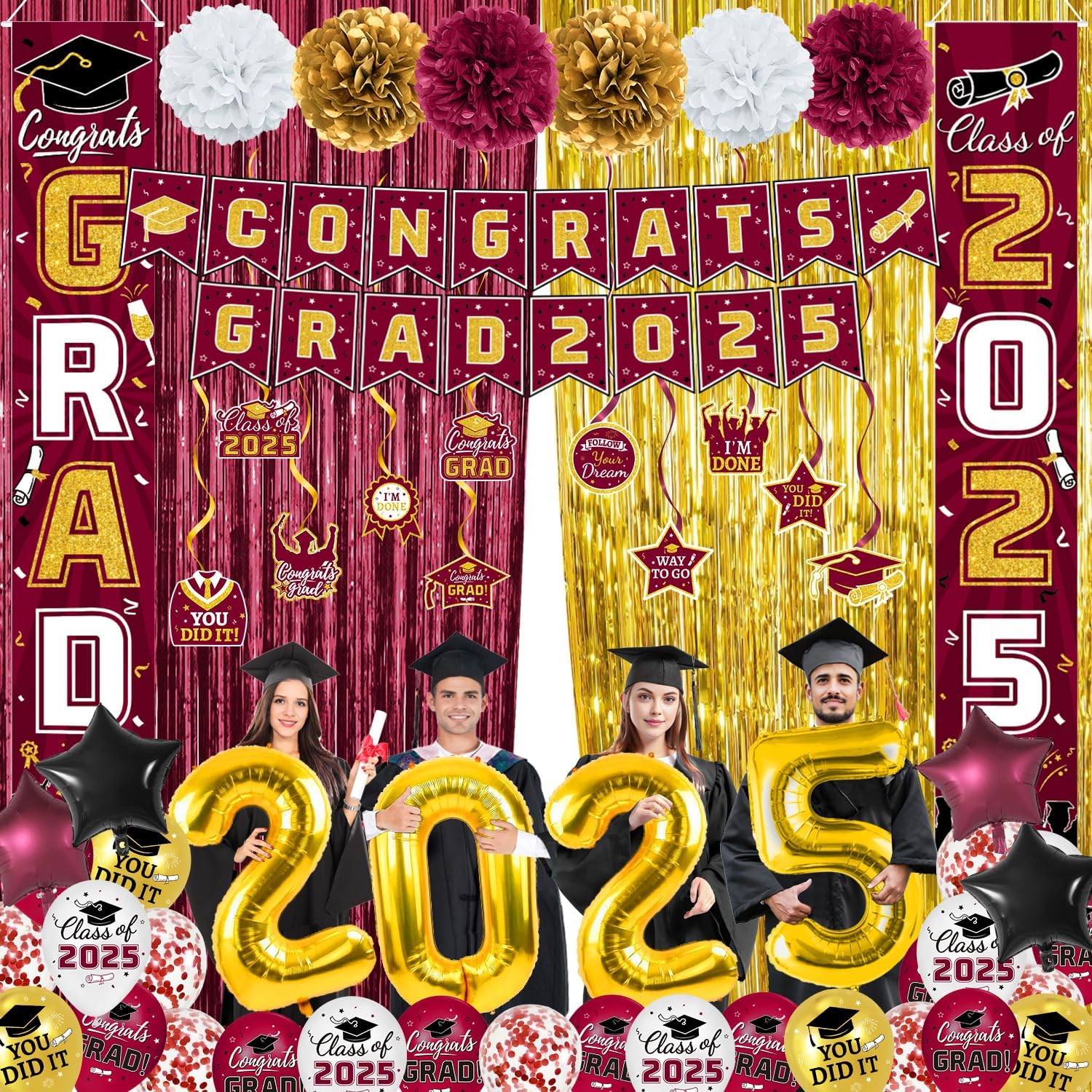 2025 Graduation Party Decorations Maroon Gold Set