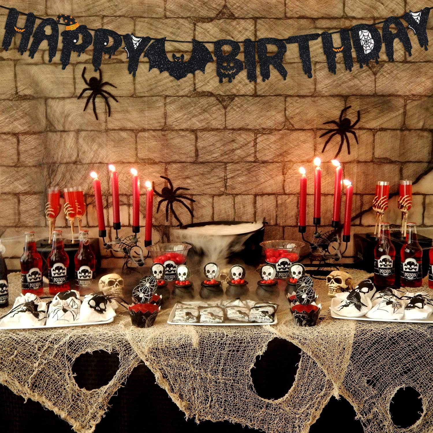 Halloween Happy Birthday Black Glitter Banner