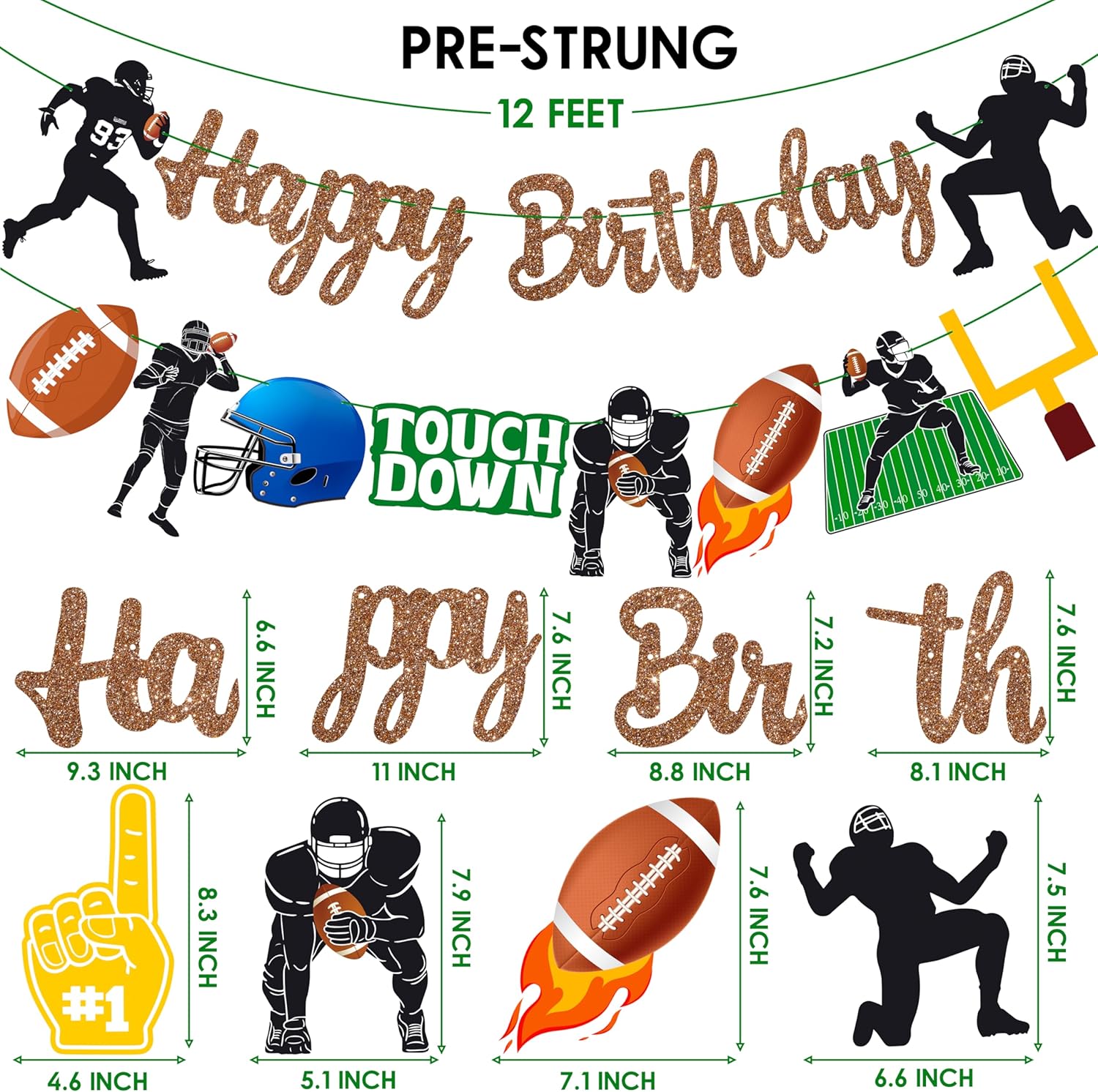 Glitter Brown Football Happy Birthday Banners for Party Decorations