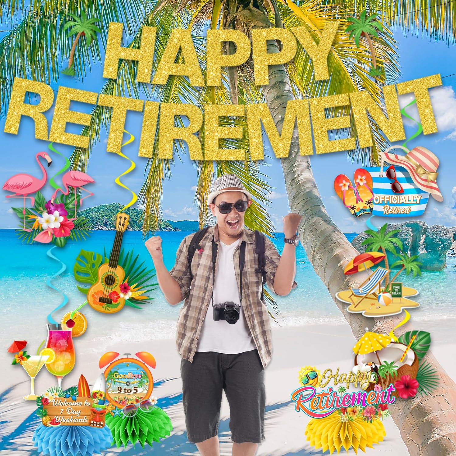 Hawaiian Retirement Party Decorations with Banners and Centerpieces