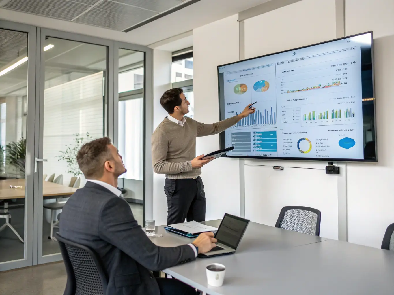 A consultant presenting a project overview to a client, showcasing the successful implementation of retail solutions and increased customer engagement.