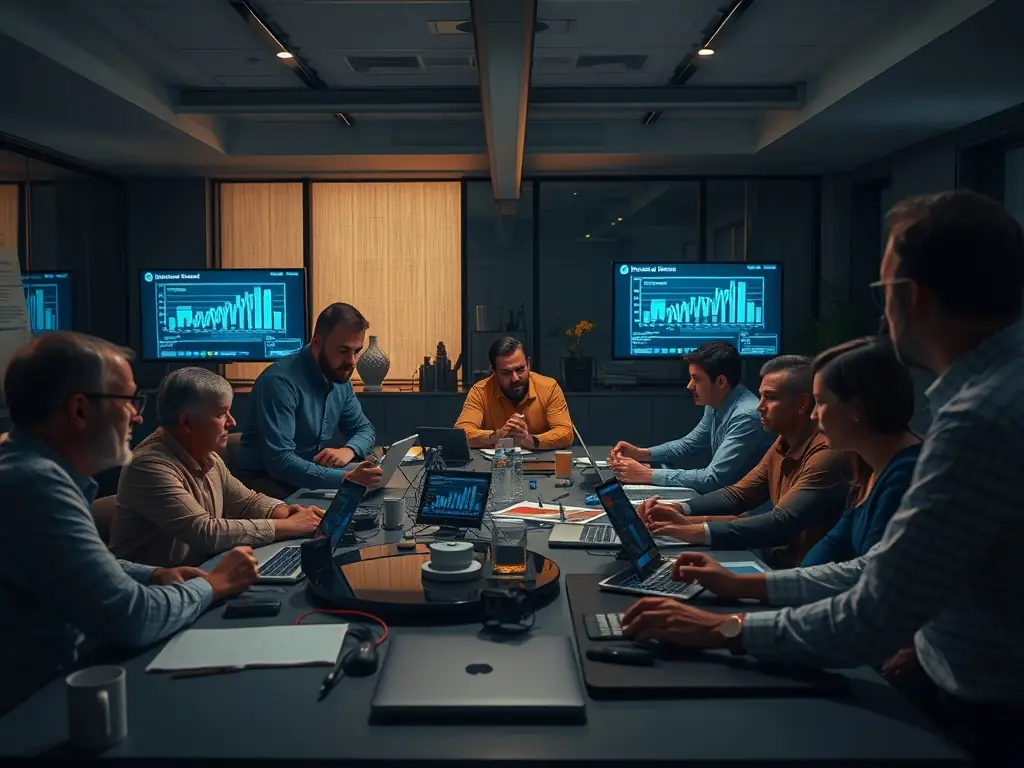 A dynamic image depicting a team of consultants collaborating on a digital transformation strategy, using digital tools and visual aids to illustrate their points. The scene should convey innovation and strategic thinking.