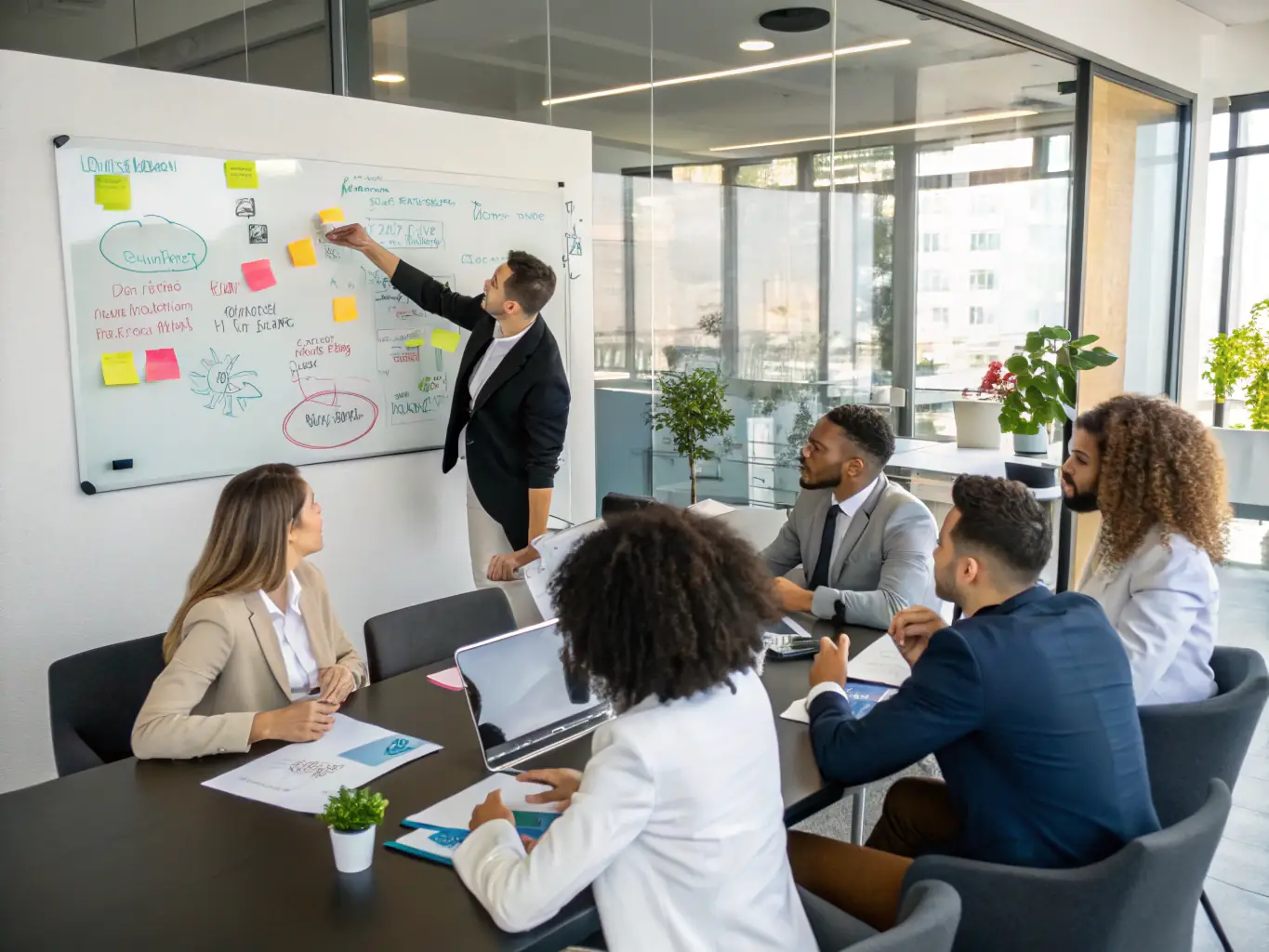 A team of consultants collaborating around a table, reviewing charts and graphs, symbolizing strategic planning and business development.