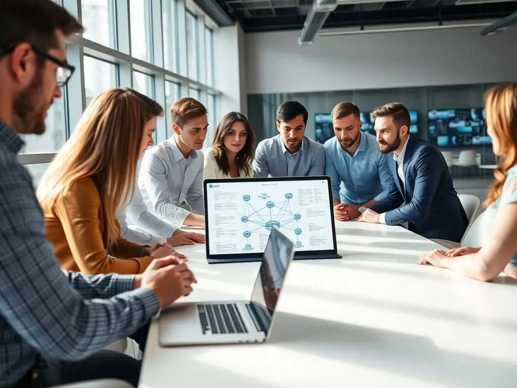 A team of IT consultants collaborating on a complex network diagram, showcasing their expertise in technology solutions and infrastructure optimization.