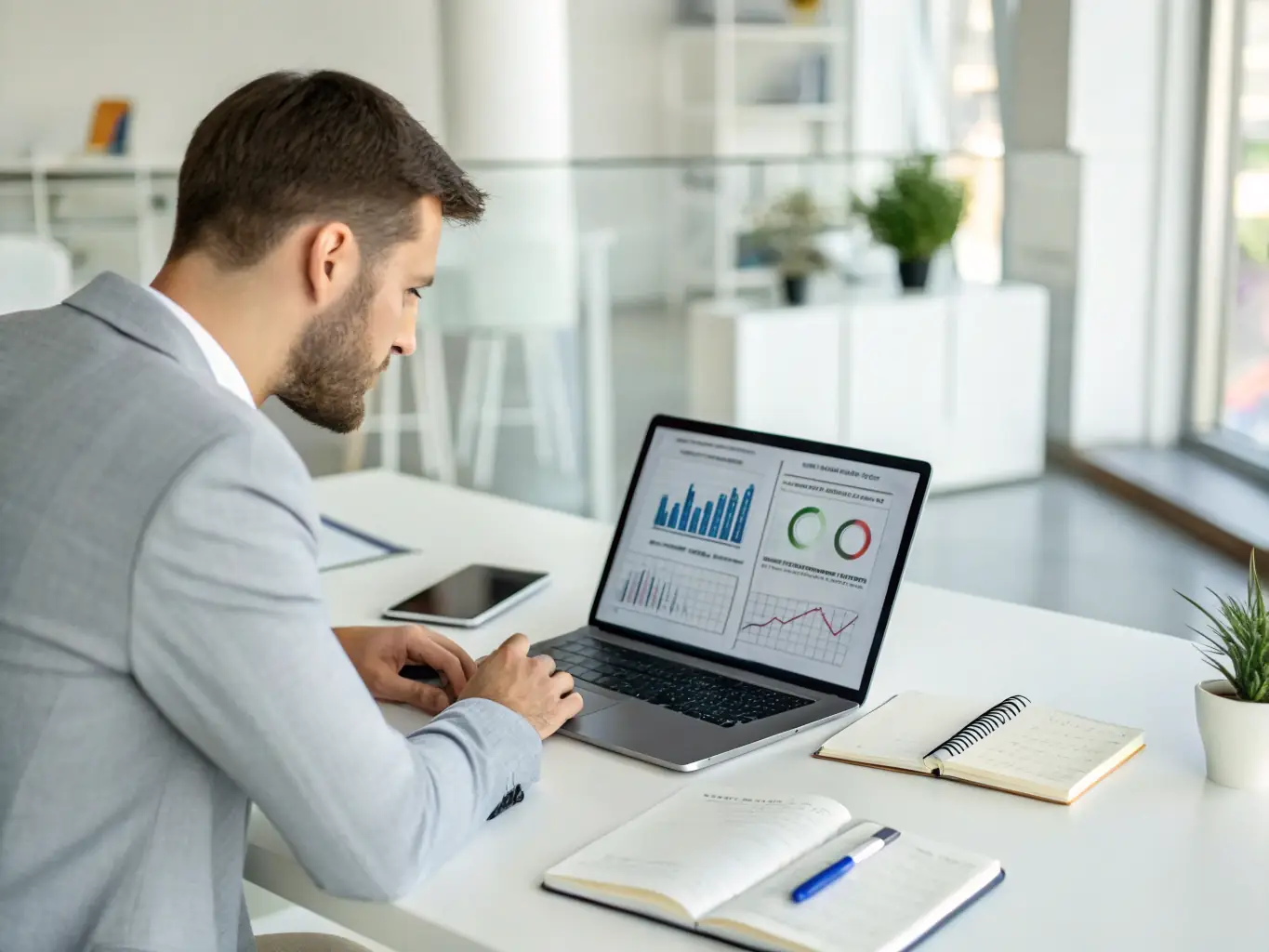 A consultant in a modern office setting, analyzing data on a laptop, with a whiteboard displaying strategic planning diagrams in the background, representing digital transformation consulting.