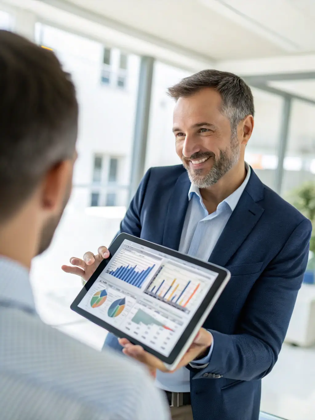 A consultant presenting a digital transformation roadmap to a client, highlighting key milestones and technological integrations.