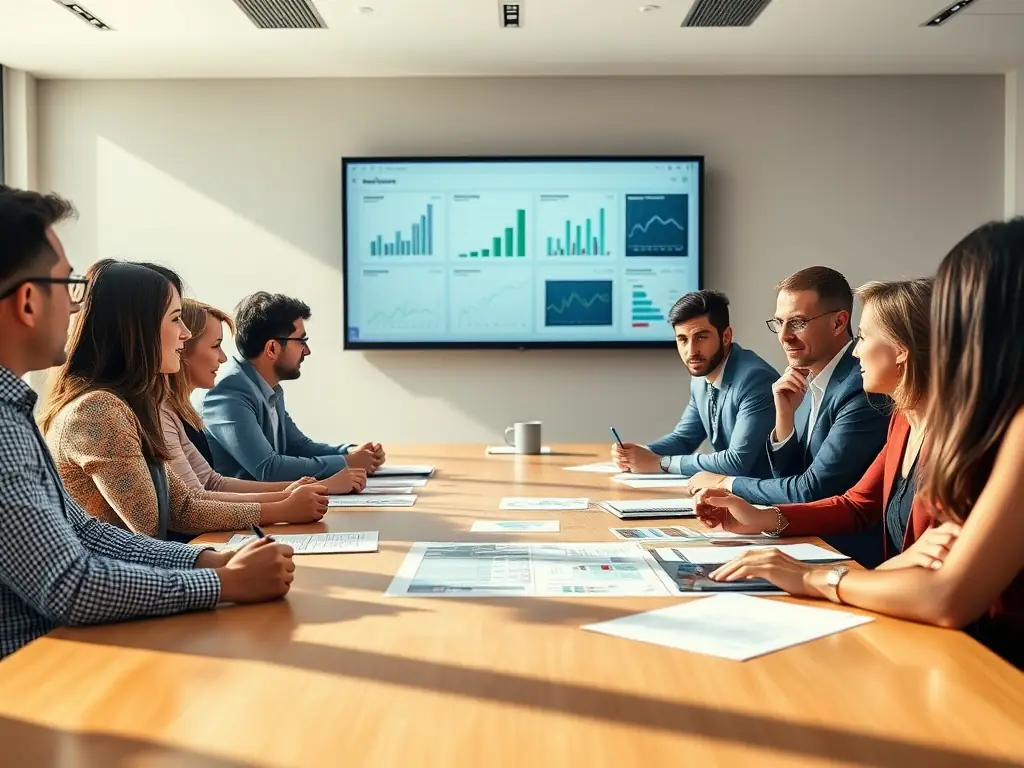 A professional image showing a diverse group of executives engaged in a strategic planning session, with charts and graphs displayed in the background. The atmosphere should be collaborative and focused.